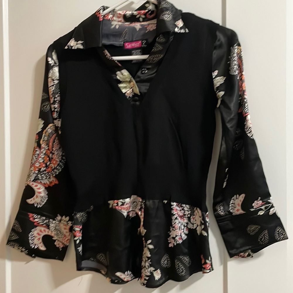 Say what floral silk top with attached sweater vest